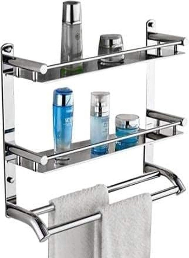 Filox Stainless Steel 2-Tier Bathroom Shelf with Towel Rod | Wall Mounted Multipurpose Rack Organizer | Rust-Resistant Storage for Toiletries & Accessories | 20-Inch, Silver - Image 1